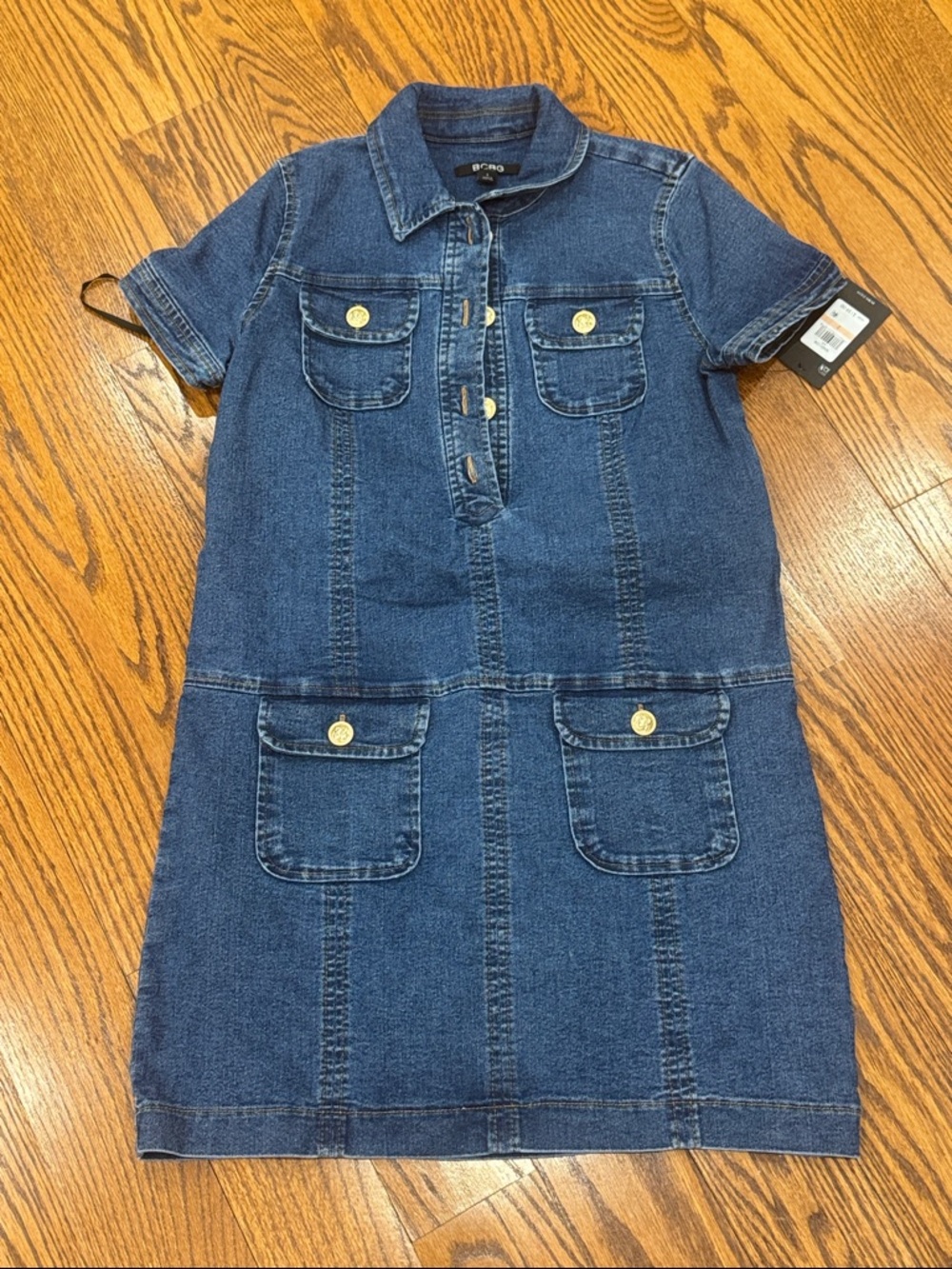 BCBG Dark Blue Denim Short-Sleeve Pocket Dress with Gold Buttons